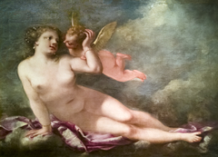 Venus in the clouds with cupid