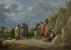 Vier Zigeunerinnen mit einem Kind, eine einem Bauern wahrsagend