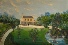View of a House with Garden, Pond, Horse and Carriage by American School
