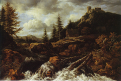 Waterfall in a Mountainous Landscape with a Ruined Castle