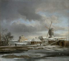 Winter landscape with windmil and a house in scaffolding