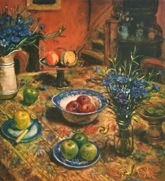 Yellow Tablecloth with Cornflowers by Margaret Olley