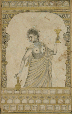 A bare-breasted woman holding a ewer and cup in an archway by Anonymous