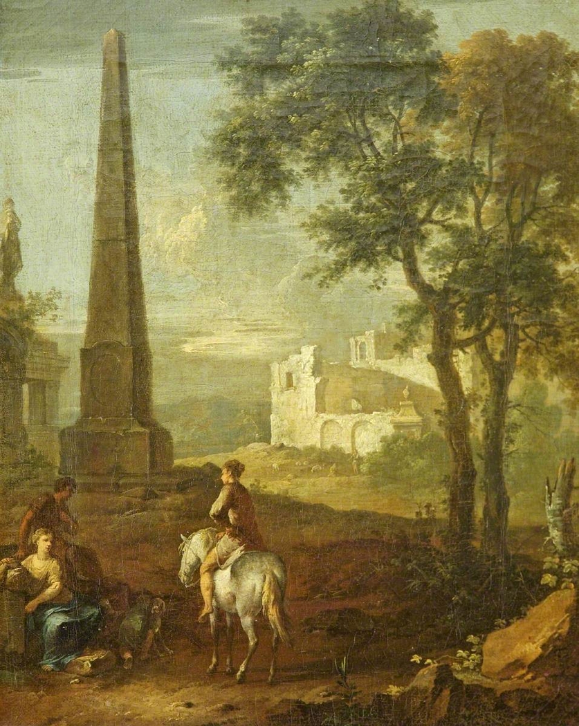 A Classical Landscape with Obelisk, Woman and Rider