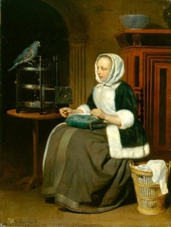 A Lady Sewing, with a Parrot