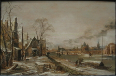 A Village Scene in Winter with a Frozen River