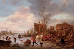 A winter landscape with villagers on a frozen canal