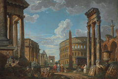 An architectural capriccio with figures among Roman ruins