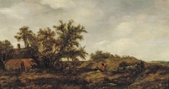 An extensive dune landscape with figures resting, a cottage nearby by Pieter de Molijn