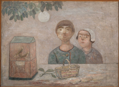 Children in front of a cage with little birds by Tadeusz Makowski