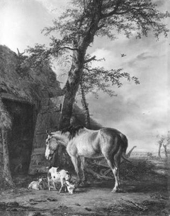 Een paard en drie geiten voor een schuur by Jan Kobell II