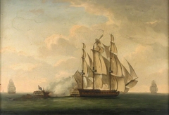 End of the action between HMS Magicienne and La Sibylle, 2 January 1783 by Robert Dodd