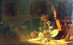 Farm interior with a woman at a well