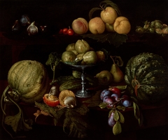 Figs on a Tazza with Pears, Quinces, Melons, Plums, Mushrooms on a Table, with Figs, Cherries, Peaches, and Acorns on a Ledge Above