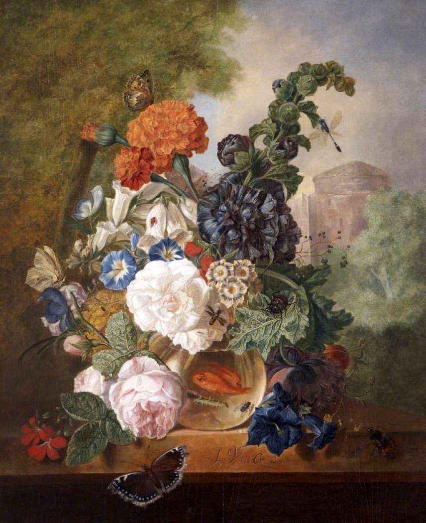 Flowers in a Goldfish Bowl in a Landscape with a Tower
