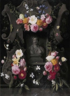 Flowers on a relief with a niche containing a bust of Flora by Daniel Seghers