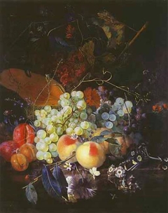 Fruit and Flowers on a Marble Table by Jan van Huysum