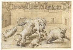 Gevecht in een arena tussen een stier, leeuw, beer en twee wolven by Jan van der Straet