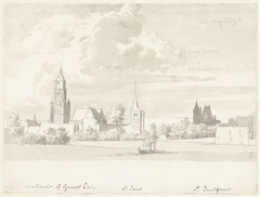 Gezicht op Arnhem met de Eusebiuskerk, de St. Janskerk, de St. Walburgskerk en de St. Janspoort by Cornelis Pronk