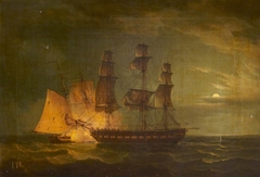 'Hibernia' beating off the privateer 'Comet', 10 January 1814: port broadside, night by Thomas Whitcombe