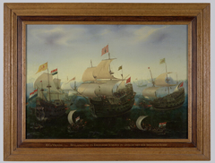Hollandse en Engelse schepen in gevecht met een Spaans schip by Hendrick Cornelisz Vroom
