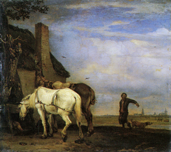 Horses tethered at a Cottage Door by Paulus Potter
