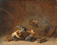 Interior of a Barn with Two Peasants Fighting by Adriaen van Ostade