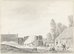 Kalkovens bij Hillegom met op de voorgrond kolfspelers by Hendrik Tavenier