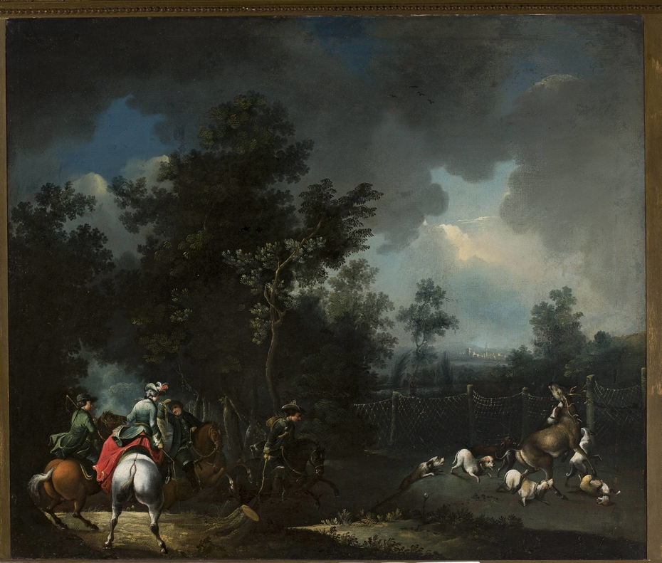 Landscape with a scene of deer hunting