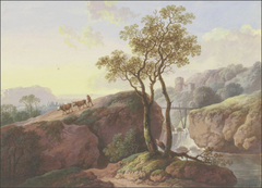 Landscape with a waterfall over which a footbridge leads, on the left a farmer drives two cows down to the valley, in the background a ruin