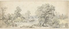 Landschap met wandelaars, een herder en veel andere figuren by Unknown Artist
