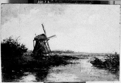 Landschap met windmolen en visser in boot by Anonymous