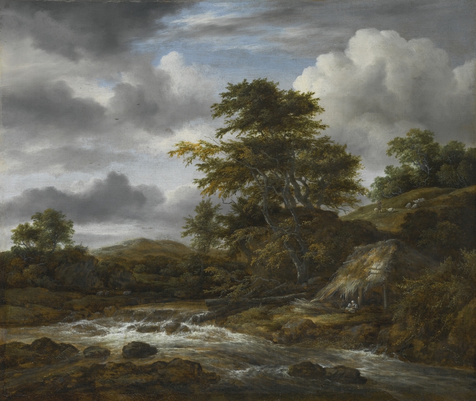 Low Waterfall in a Hilly Landscape with a Thatched Cottage