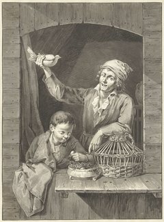 Man en jongen in venster met duif en eieren by Johannes Pieter de Frey