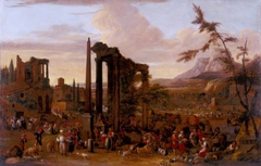 Market Scene set amidst a Capriccio of Ruins by Peeter van Bredael