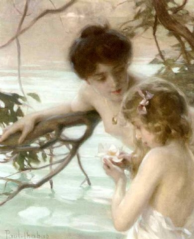 Mother and child bathing