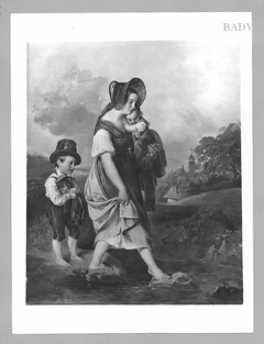 Mutter mit Kindern über einem Bach schreitend by Matthias Ranftl