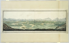 Panorama van een vlakte met vijfentwintig boerderijen en bergen op de achtergrond by Unknown Artist