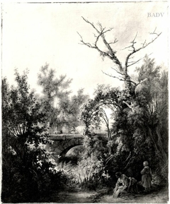 Paysanne lavant près d'un pont
