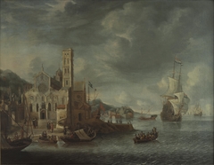 Phantasy Harbor Scene with St. Mary's Church in Utrecht by Anthonie Beerstraaten