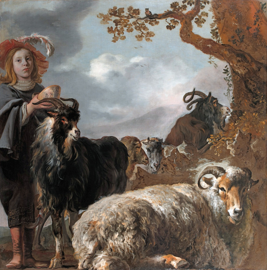 Portrait of a young shepherd with sheep and goats