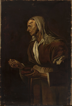 Portrait of an old woman with a bowl