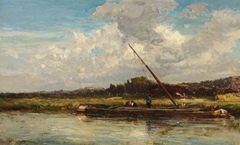 River Scene with Barges by Émile Lambinet