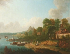 River Scene with Boatmen and Barges by Johann Caspar Zehender