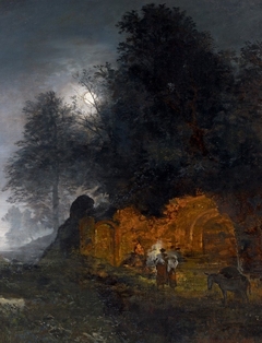 Ruins Landscape with Shepherds around a Campfire by Oswald Achenbach