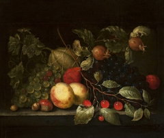 Still life with a sprig of cherry and pomegranate. by Cornelis de Bryer
