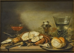 Still life with crab, oysters, bread and wine on a table by Pieter Claesz