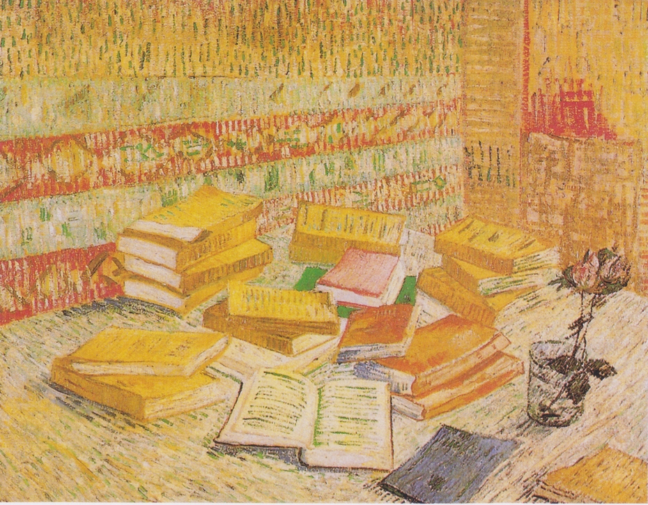 Still Life with French novels and glass with a rose