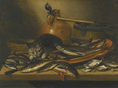 Still life with fresh-water fish, cat, Bartmannkrug, barrel and a small fishing net on a table by Pieter Claesz