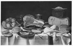 Still life with grilled rib, cheese, apples and bread by Floris van Schooten